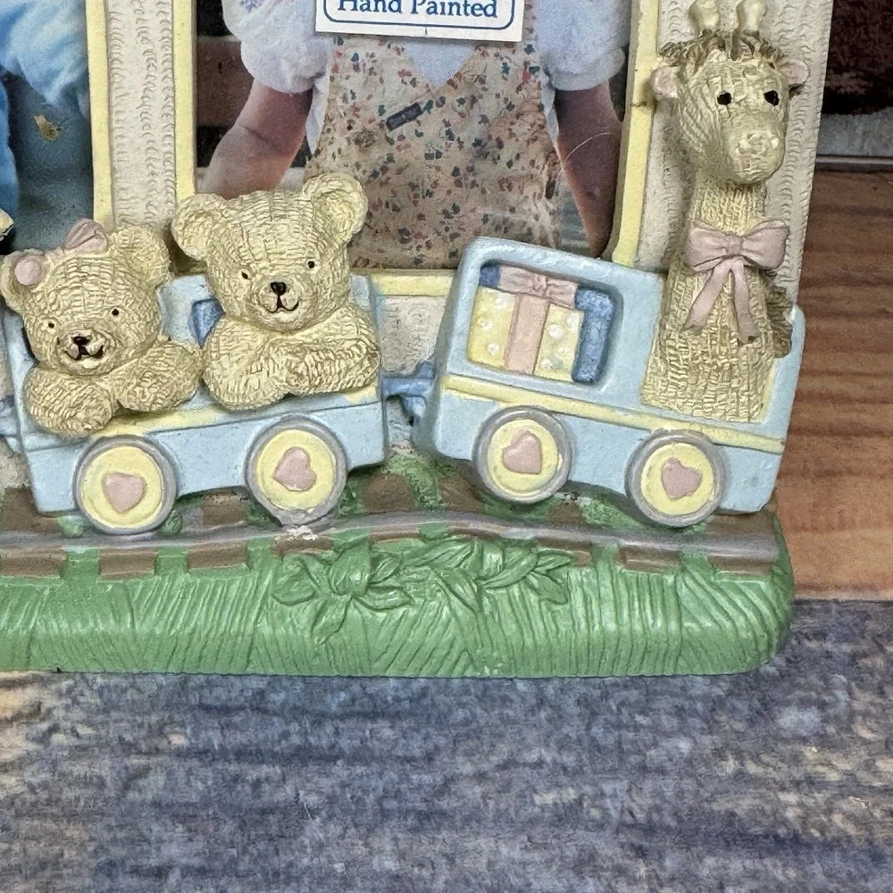 Vtg Burnes of Boston Ceramic Double Picture Frame Nursery Train 1990s Y2K Pastel